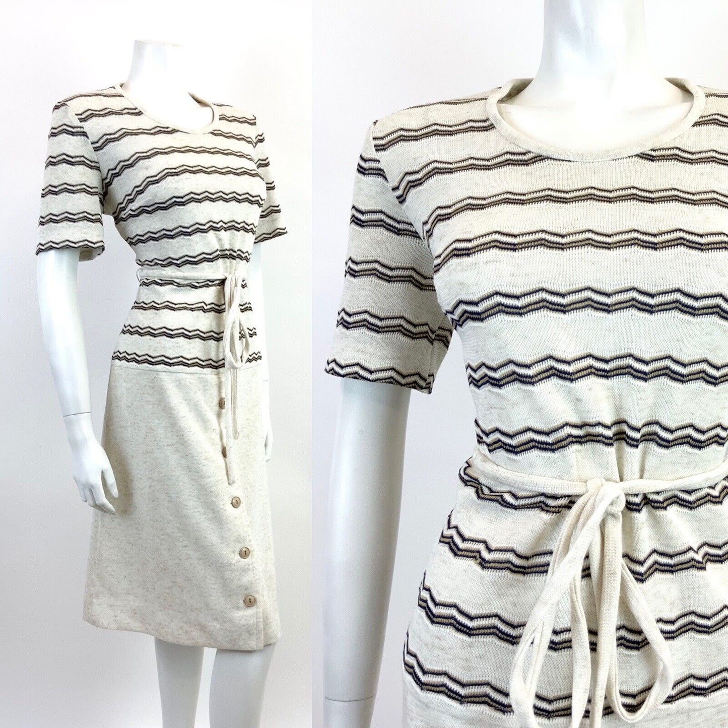 VINTAGE 60s 70s CREAM BLUE WHITE ZIG-ZAG STRIPED KNITTED DROP WAIST DRESS 14 16
