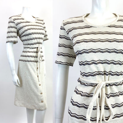 VINTAGE 60s 70s CREAM BLUE WHITE ZIG-ZAG STRIPED KNITTED DROP WAIST DRESS 14 16