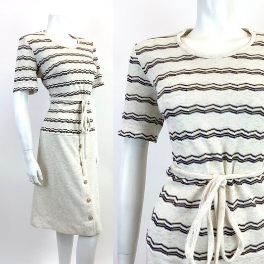 VINTAGE 60s 70s CREAM BLUE WHITE ZIG-ZAG STRIPED KNITTED DROP WAIST DRESS 14 16