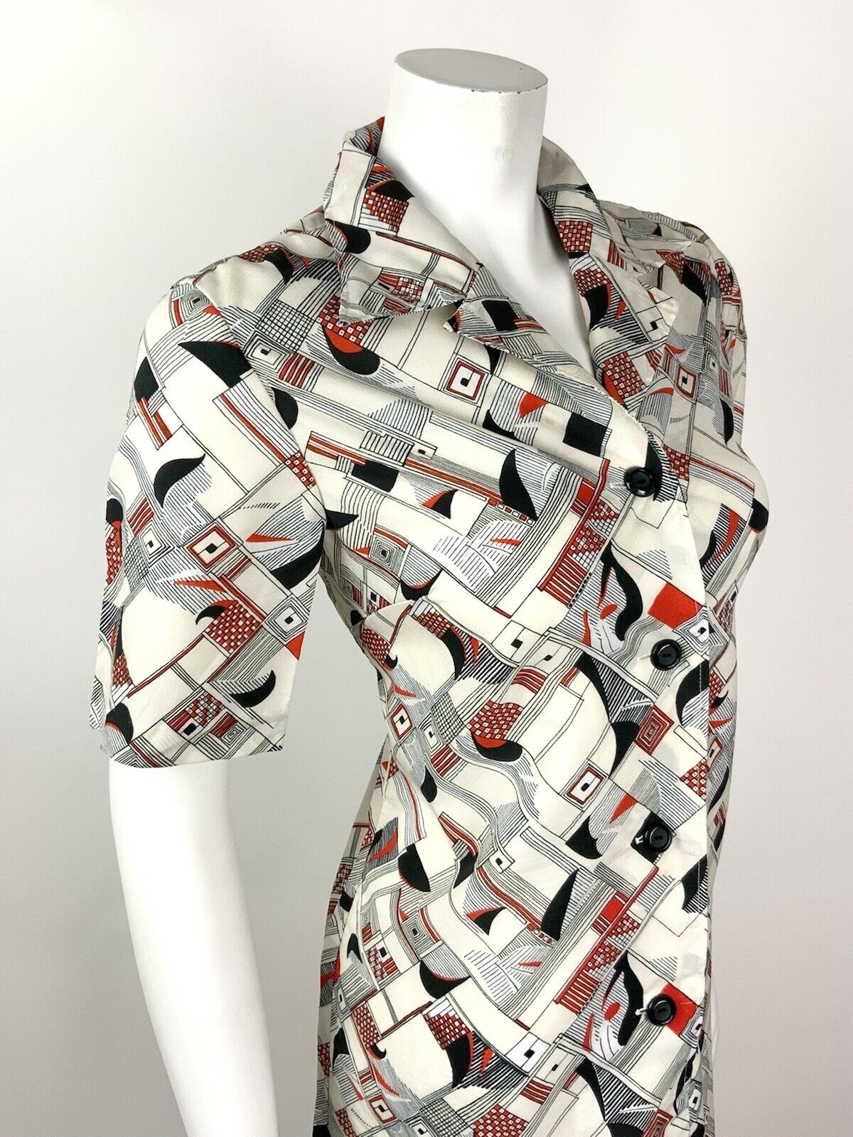 VINTAGE 60s 70s WHITE BLACK RED STRIPE GEOMETRIC CHECKED MOD SHIRT DRESS 12