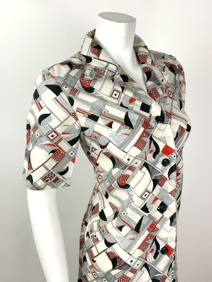 VINTAGE 60s 70s WHITE BLACK RED STRIPE GEOMETRIC CHECKED MOD SHIRT DRESS 12
