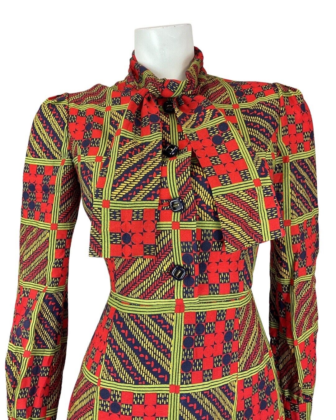 VINTAGE 60s 70s RED GREEN BLACK GEOMETRIC CHECKED PUSSYBOW SHIRT DRESS 8