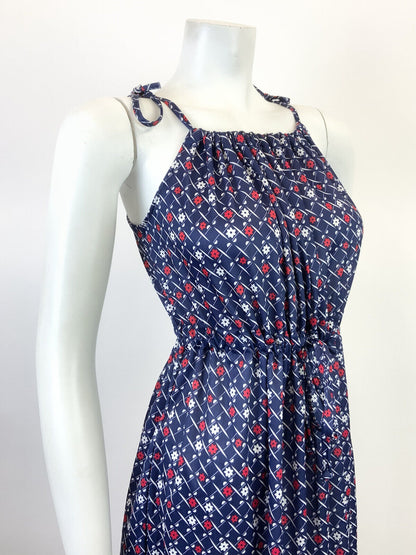 VINTAGE 70s 80s BLUE WHITE RED CHECKED GRID FLORAL STRAPPY MOD SUN DRESS 10 12