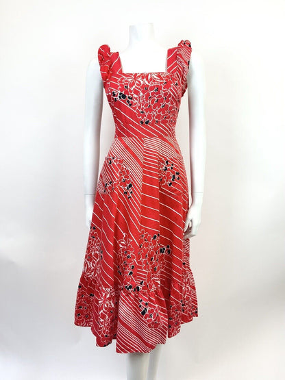 VINTAGE 60s 70s RED WHITE BLACK STRIPED FLORAL RUFFLED APRON SUMMER DRESS 4