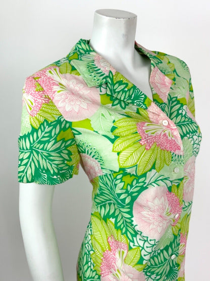 VINTAGE 60s 70s GREEN WHITE PINK FLORAL LEAFY PSYCHEDELIC SHIRT DRESS 14