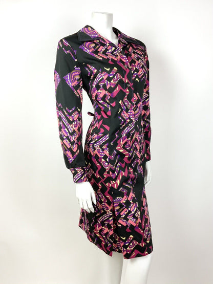 VINTAGE 60s 70s BLACK PINK PURPLE PAISLEY ZIGZAG PSYCHEDELIC SHIRT DRESS 12 14