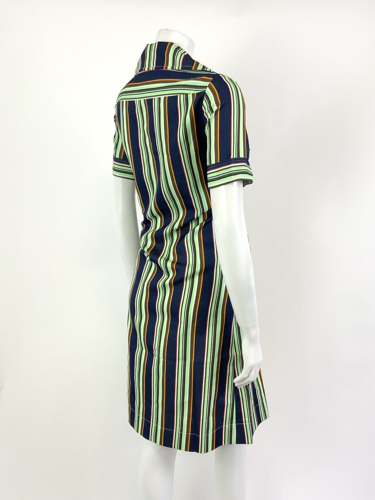 VINTAGE 60s 70s GREEN BLUE WHITE RED STRIPED MOD DAGGER COLLAR SHIRT DRESS 12
