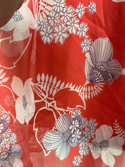 VINTAGE 60s 70s RED WHITE BLUE FLORAL CAPE SLEEVE SHEER SUMMER DRESS 8 10
