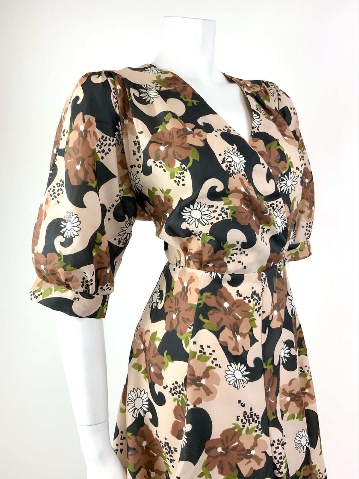 VTG 60s 70s CREAM BLACK BROWN GREEN PSYCHEDELIC FLORAL BLOUSON SWING DRESS 12