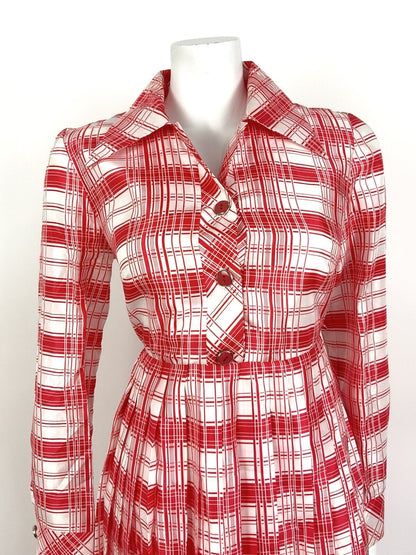 VINTAGE 60s 70s RED WHITE CHECKED PLAID MOD DAGGER COLLAR SHIRT DRESS 12