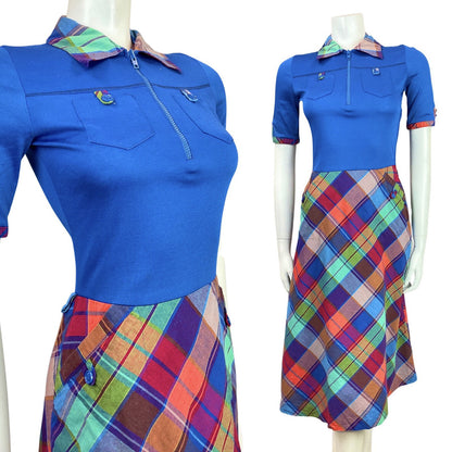 VINTAGE 60s 70s BLUE GREEN RED PLAID TARTAN MOD SWING MIDI SHIRT DRESS 8