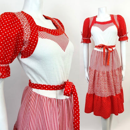 VTG 60s 70s RED WHITE STRIPE DOTTY FLORAL PRAIRIE FOLK PUFF SLEEVE DRESS 10 12