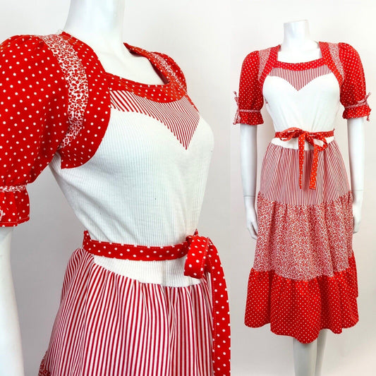 VTG 60s 70s RED WHITE STRIPE DOTTY FLORAL PRAIRIE FOLK PUFF SLEEVE DRESS 10 12