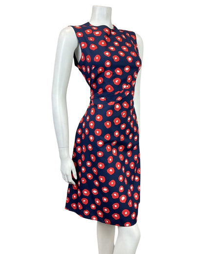VINTAGE 60s 70s BLUE RED WHITE ABSTRACT DOTTY SLEEVELESS MOD DRESS 10 12