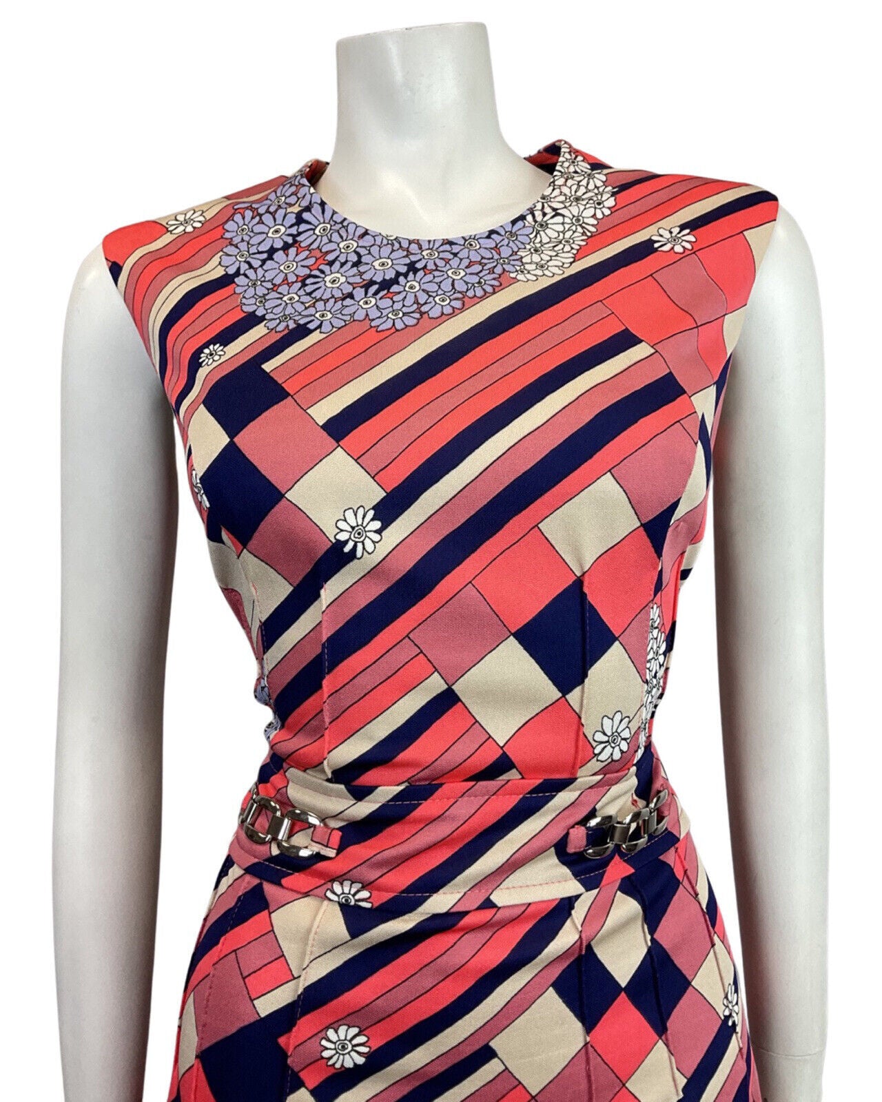 VINTAGE 60s 70s PINK BLUE CREAM GEOMETRIC FLORAL DAISY SLEEVELESS DRESS 12 14