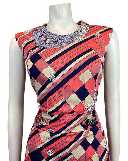 VINTAGE 60s 70s PINK BLUE CREAM GEOMETRIC FLORAL DAISY SLEEVELESS DRESS 12 14