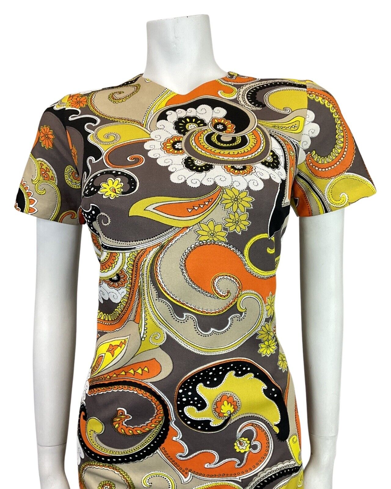 VINTAGE 60s 70s GREY YELLOW BLACK ORANGE PSYCHEDELIC MANDALA FLORAL MOD DRESS 12