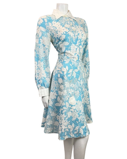 VINTAGE 60s 70s BABY BLUE WHITE FLORAL LEAFY MOD DAGGER SHIRT SWING DRESS 14 16