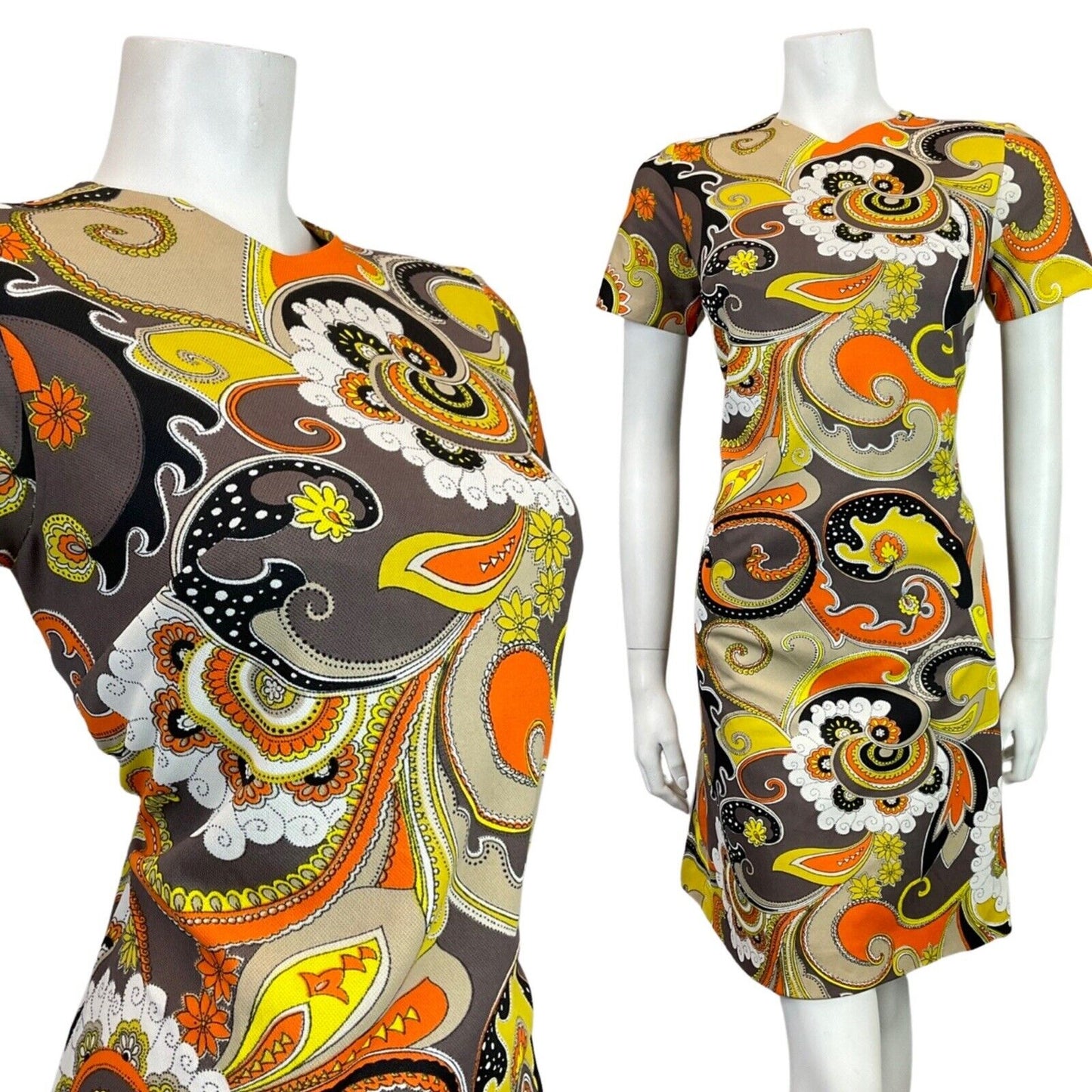 VINTAGE 60s 70s GREY YELLOW BLACK ORANGE PSYCHEDELIC MANDALA FLORAL MOD DRESS 12
