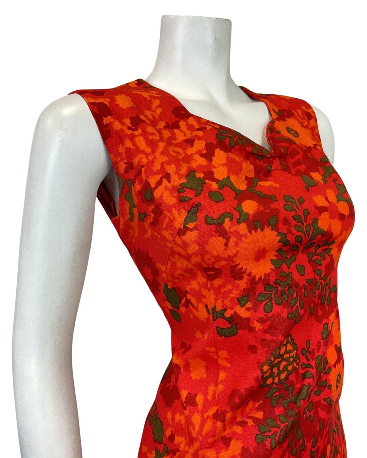 VINTAGE 60s 70s RED ORANGE GREEN PSYCHEDELIC FLORAL MOD SLEEVELESS DRESS 10
