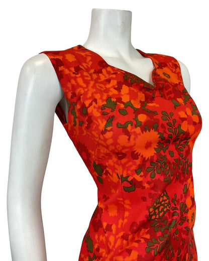 VINTAGE 60s 70s RED ORANGE GREEN PSYCHEDELIC FLORAL MOD SLEEVELESS DRESS 10