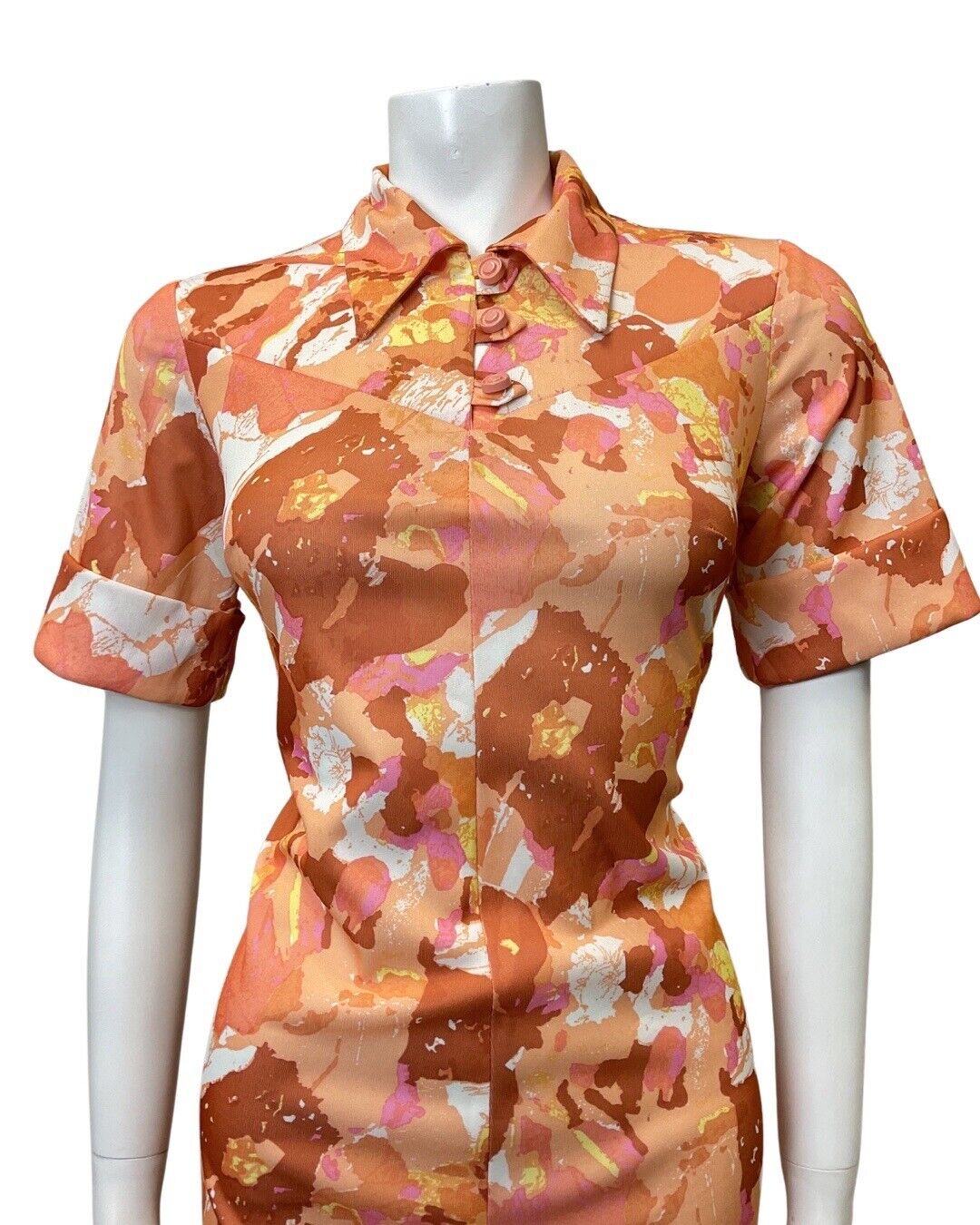 VINTAGE 60s 70s ORANGE PINK BROWN PSYCHEDELIC FLORAL LEAF DAGGER SHIRT DRESS 14