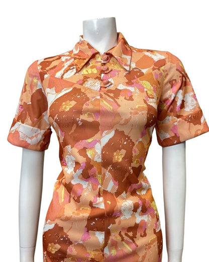 VINTAGE 60s 70s ORANGE PINK BROWN PSYCHEDELIC FLORAL LEAF DAGGER SHIRT DRESS 14