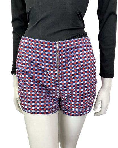 VINTAGE 60s 70s BLUE WHITE RED CHECKED ZIP-UP HIGHWAISTED MOD GOGO SHORTS 10