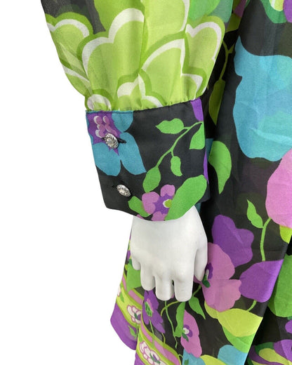 VINTAGE 60s 70s BLACK GREEN PURPLE FLORAL SHEER FLOATY SWING DRESS 14 16