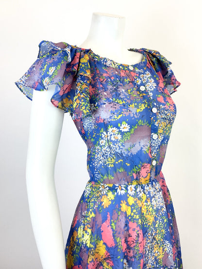 VTG 70s 80s BLUE WHITE PINK GREEN FLORAL DITSY SHEER RUFFLED SUMMER DRESS 8