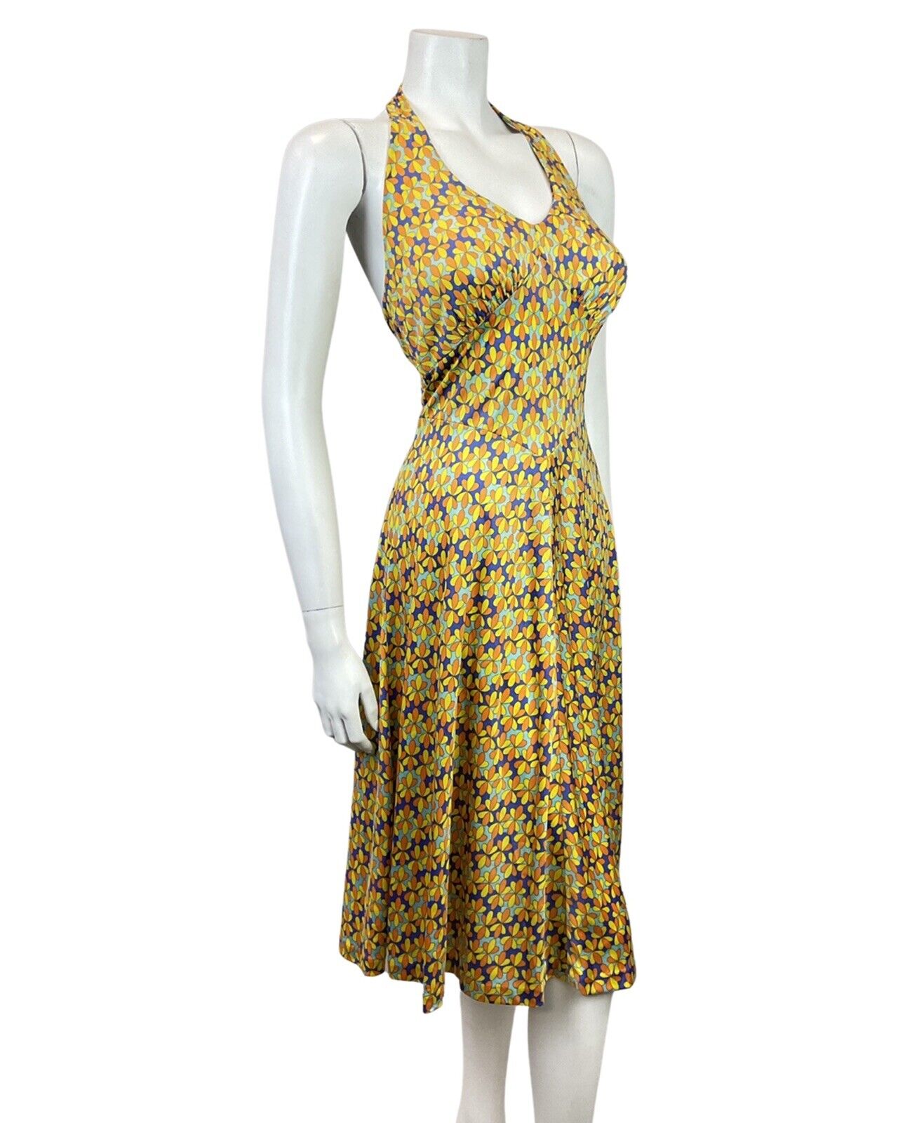 VINTAGE 60s YELLOW BLUE FLORAL DOTTY PSYCHEDELIC MOD HALTER SWING DRESS 10