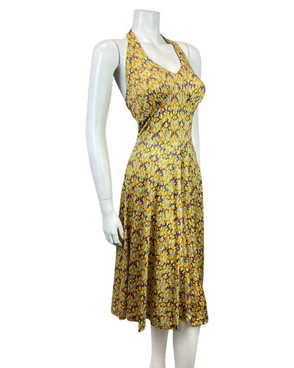 VINTAGE 60s YELLOW BLUE FLORAL DOTTY PSYCHEDELIC MOD HALTER SWING DRESS 10