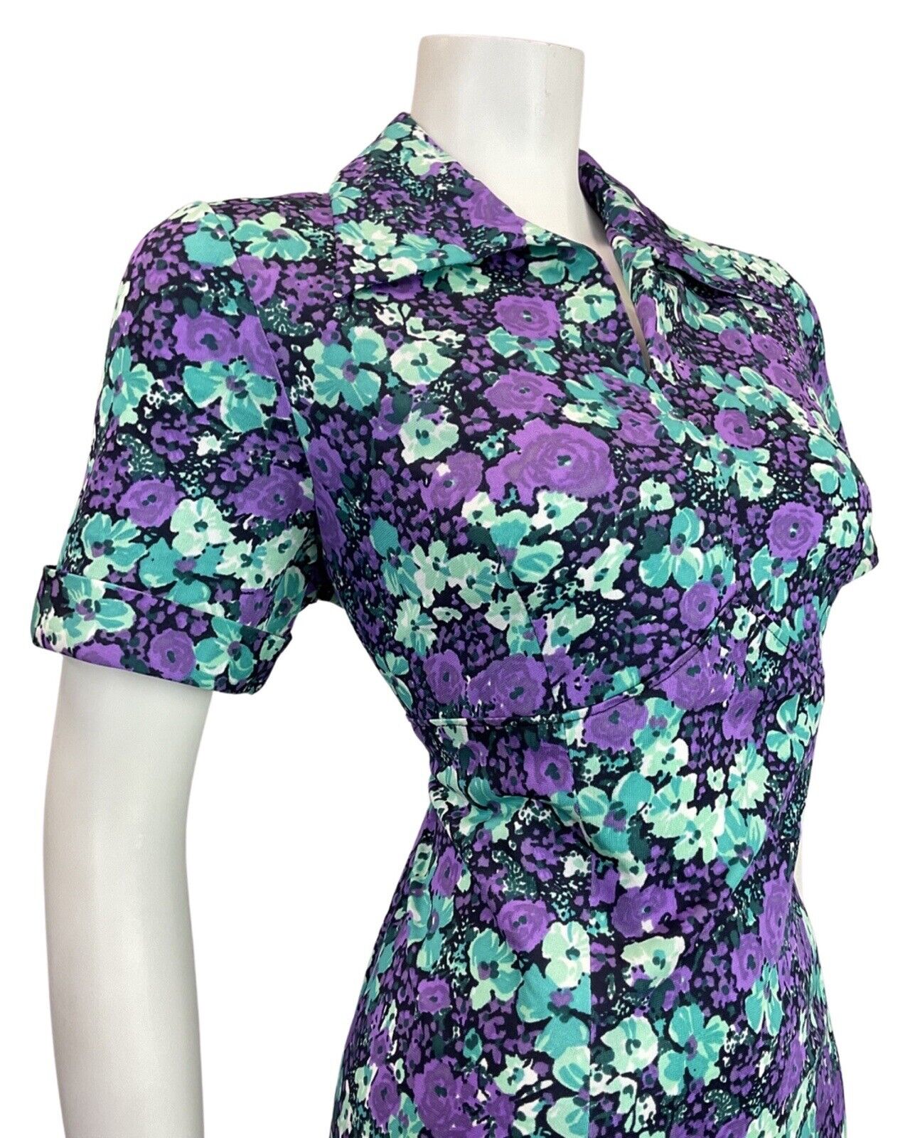 VINTAGE 60s 70s PURPLE BLUE MINT FLORAL DITSY PSYCHEDELIC MOD SHIRT DRESS 14 16