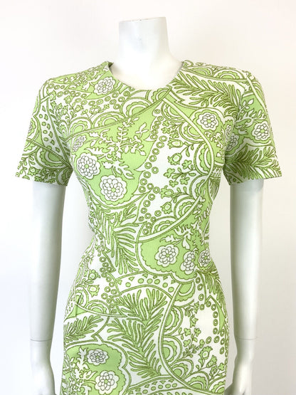 VINTAGE 60s 70s LIME GREEN WHITE PSYCHEDELIC FLORAL LEAFY MOD DRESS 12 14