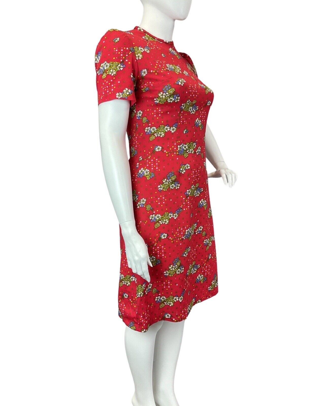 VINTAGE 60s 70s PILLARBOX RED BLUE GREEN DAISY FLOWER SQUARE MOD SUMMER DRESS 16