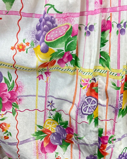 VINTAGE 60s 70s WHITE PURPLE GREEN YELLOW FLORAL FRUITS RUFFLED SUMMER DRESS 8