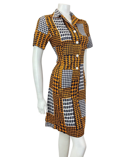 VINTAGE 60s STYLE 90s ORANGE BLUE WHITE GEOMETRIC DOGTOOTH DAGGER SHIRT DRESS 12