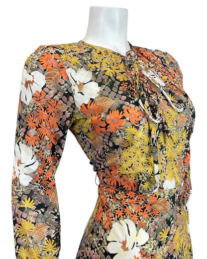 VINTAGE 60s 70s ORANGE YELLOW BLACK PSYCHEDELIC FLORAL SWING DRESS 10