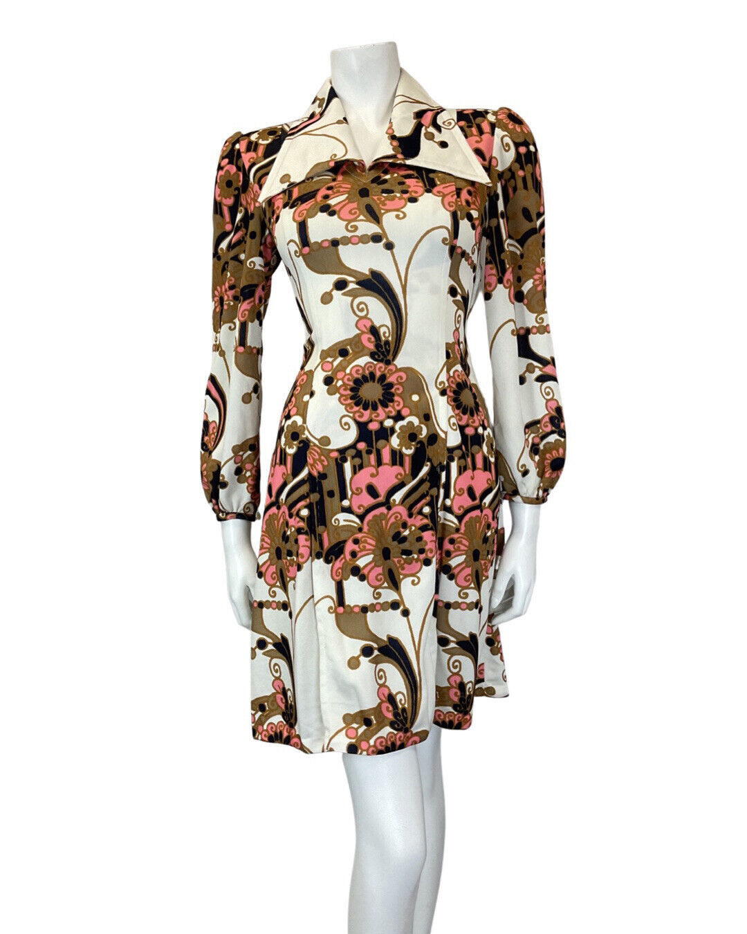 VINTAGE 60s 70s WHITE GOLD BLUE PSYCHEDELIC FLORAL MOD WING COLLAR SHIRT DRESS 8