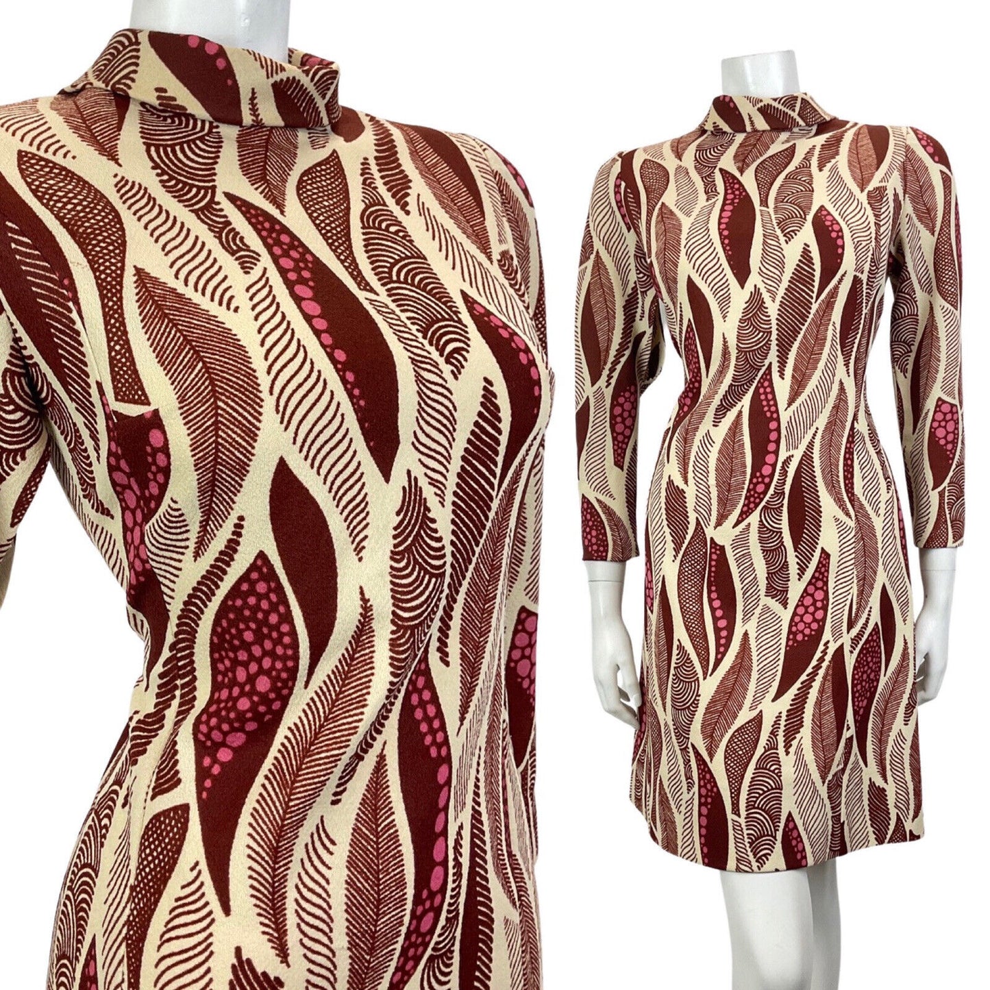 VINTAGE 60s 70s CREAM BROWN PINK PSYCHEDELIC FEATHER TURTLENECK MOD DRESS 10 12
