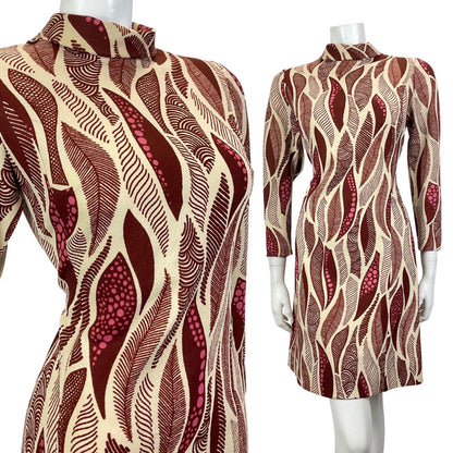 VINTAGE 60s 70s CREAM BROWN PINK PSYCHEDELIC FEATHER TURTLENECK MOD DRESS 10 12