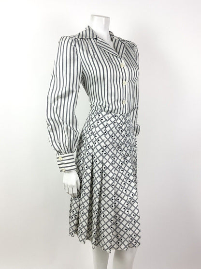 VINTAGE 60s 70s WHITE BLUE NAUTICAL STRIPED CHECKED DAGGER COLLAR SHIRT DRESS 10