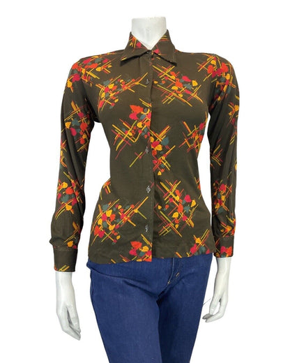VINTAGE 60s 70s BROWN ORANGE FLORAL LEAFY STRIPED MOD DAGGER SHIRT 12 14
