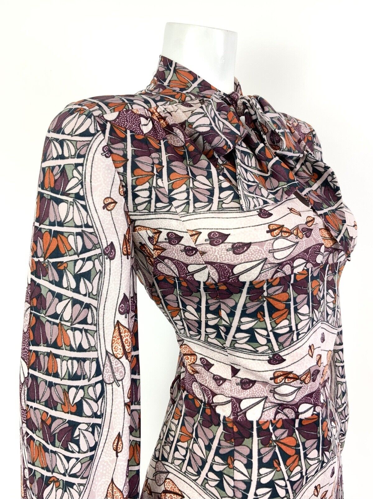 VTG 60s 70s PURPLE PINK ORANGE LEAFY TREE VINE PSYCHEDELIC PUSSYBOW DRESS 14 16