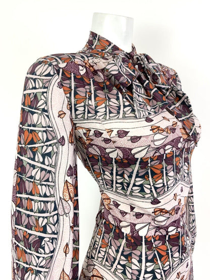 VTG 60s 70s PURPLE PINK ORANGE LEAFY TREE VINE PSYCHEDELIC PUSSYBOW DRESS 14 16