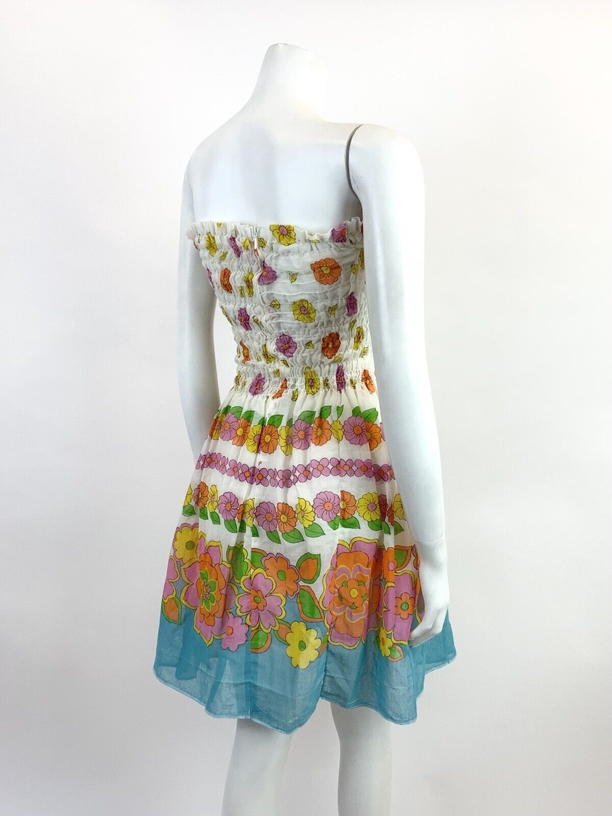 VINTAGE 60s 70s WHITE BLUE PINK ORANGE FLORAL SHIRRED STRAPLESS SUMMER DRESS 6 8