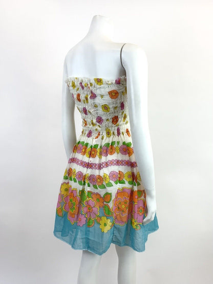 VINTAGE 60s 70s WHITE BLUE PINK ORANGE FLORAL SHIRRED STRAPLESS SUMMER DRESS 6 8