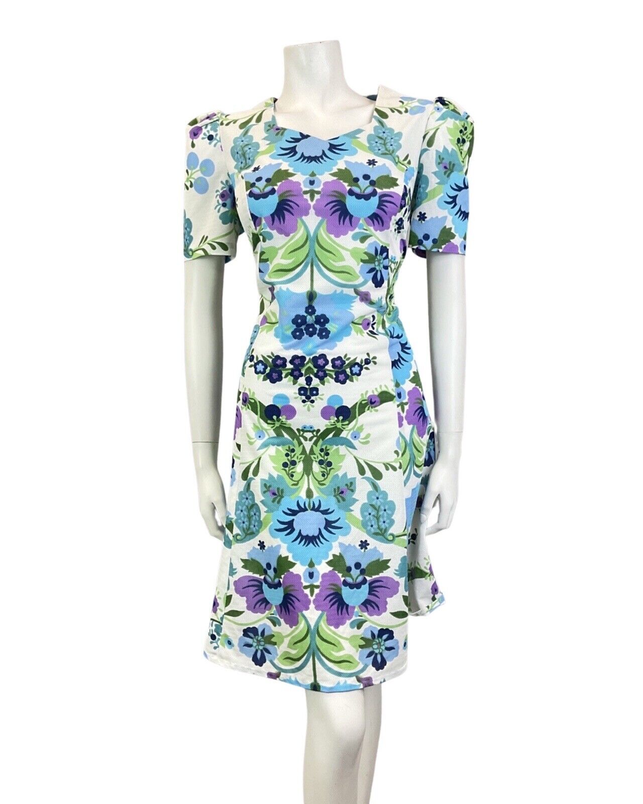 VINTAGE 60s 70s WHITE BLUE GREEN FLORAL LEAFY MOD SUMMER SHORT DRESS 14 16