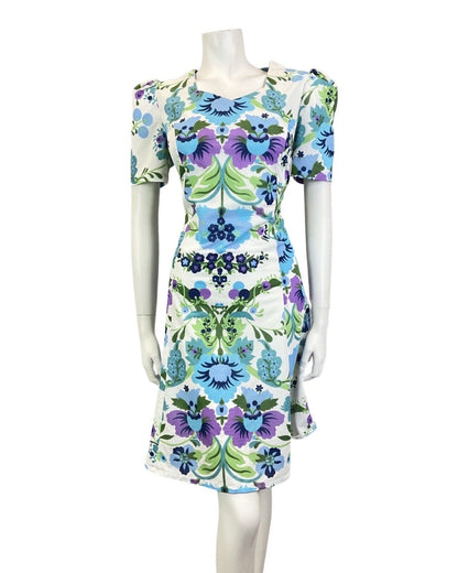 VINTAGE 60s 70s WHITE BLUE GREEN FLORAL LEAFY MOD SUMMER SHORT DRESS 14 16