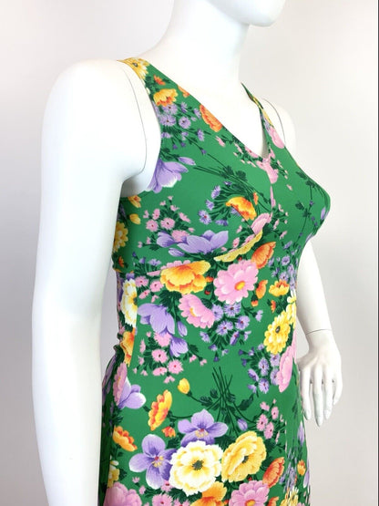 VINTAGE 60s 70s GREEN PURPLE YELLOW FLORAL SLEEVELESS SUMMER SWING DRESS 14